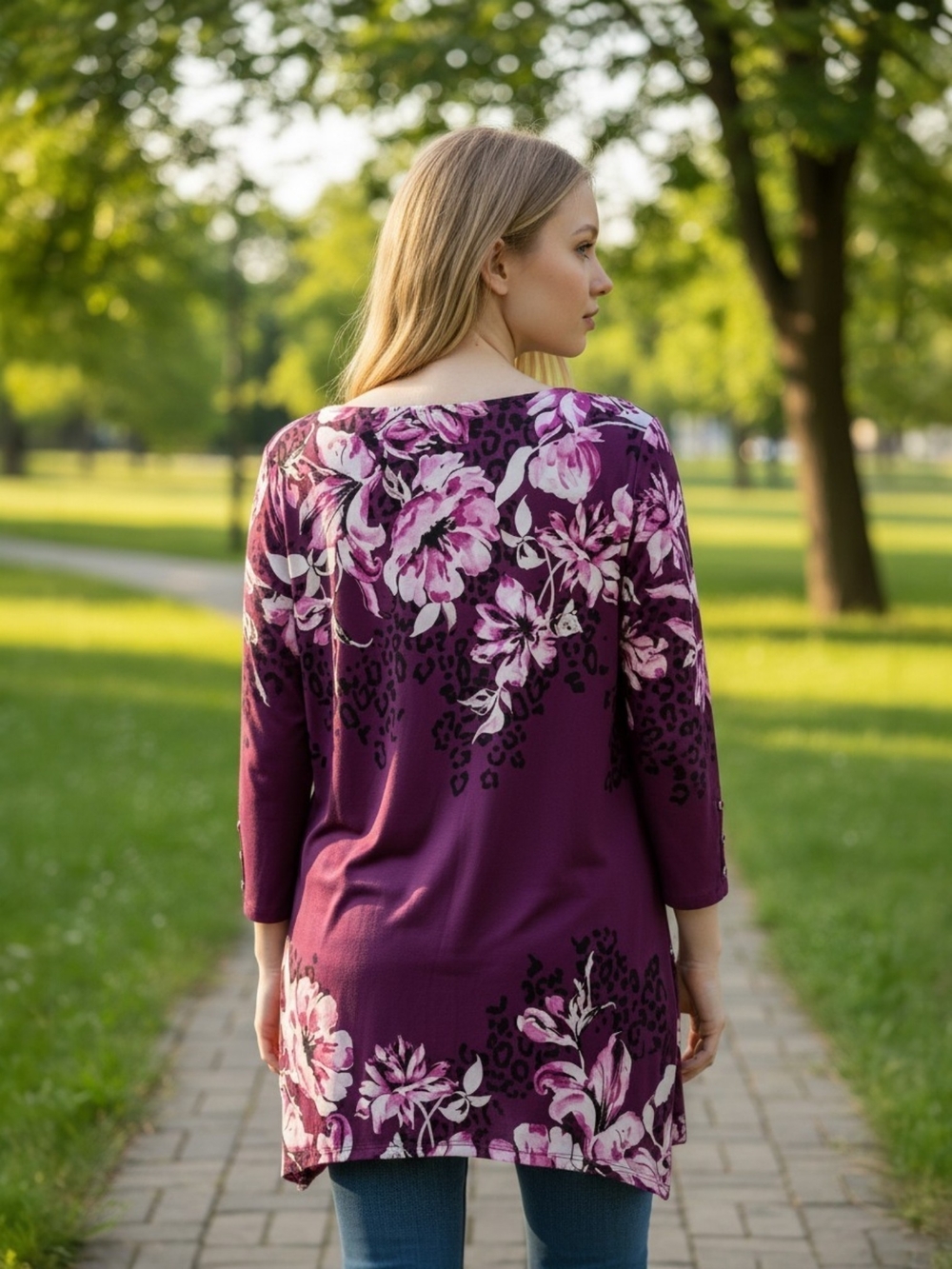 JM Collection Women's Purple Floral Keyhole Tunic Top 3/4 Sleeves - Picture 4 of 10